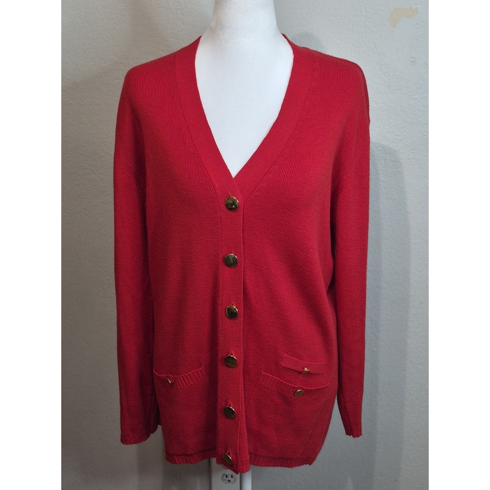 Alain Manoukian Womens Red Wool Blend Cardigan Sweater L/XL Gold Button Pocket